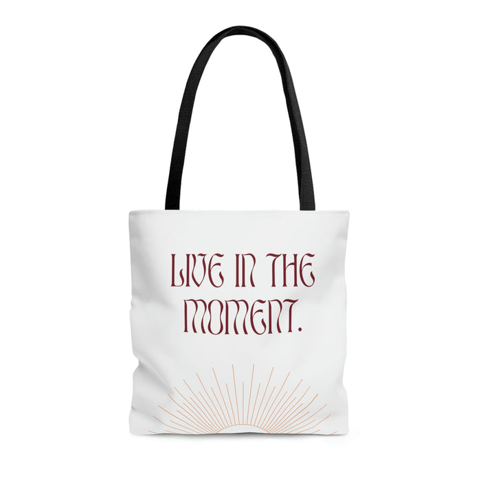 Medium Beach Tote Bag for Embracing the Present Moment: white, black tote bag, minimal graphic style