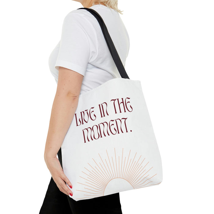 Medium Beach Tote Bag for Embracing the Present Moment: white, black tote bag, minimal graphic style