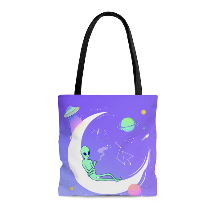 Medium Extraterrestrial Cooler Bag: purple, black alien and outer space theme, cartoon, whimsical style