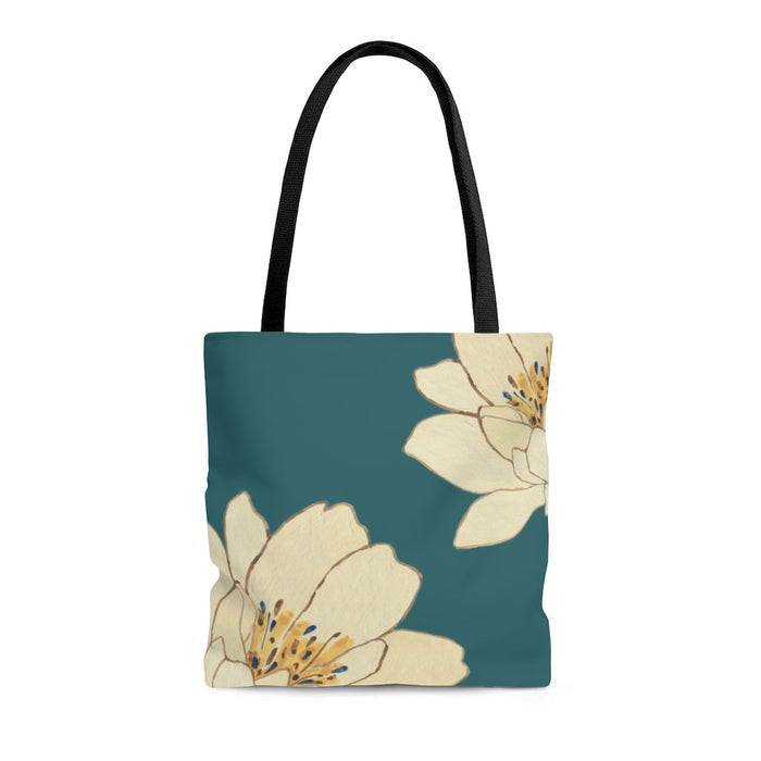 Medium Green Floral Beach Tote Bag, Shopper: teal green, cream floral pattern, floral graphic style