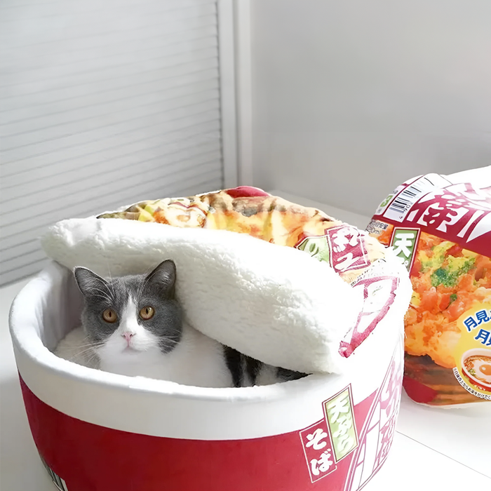 Medium Pet Ramen Pillow Bed: red, white instant noodle cup theme, kawaii style