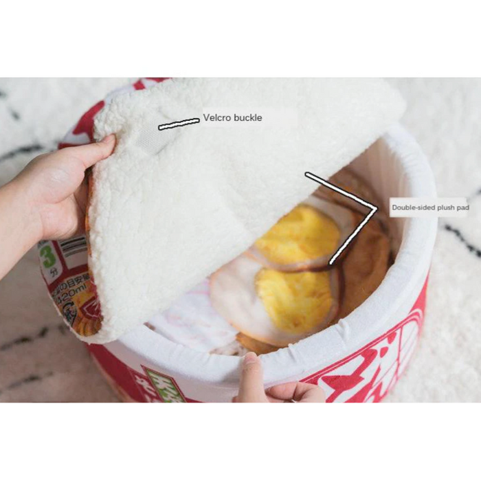Medium Pet Ramen Pillow Bed: red, white instant noodle cup theme, kawaii style