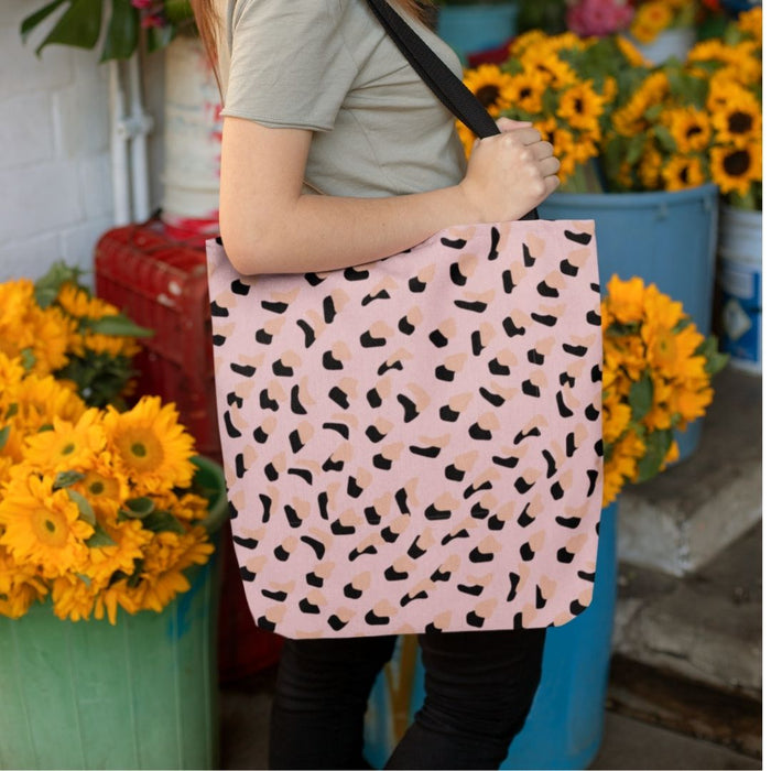 Medium Pink Shopper Tote Bag with Leopard Print: light pink, black tote bag, minimal graphic pattern style