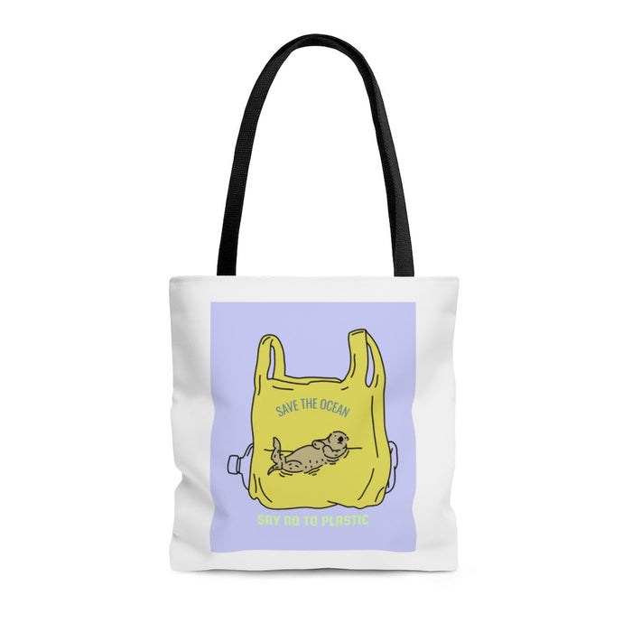 Medium Shopper Tote Bag, Protecting Otters and the Environment: white, black ocean conservation theme with seals, cartoon gra