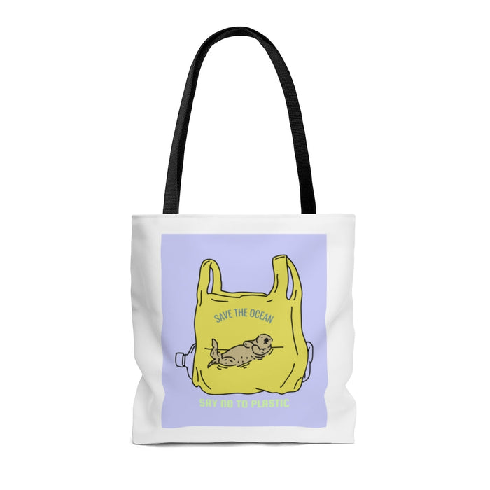 Medium Shopper Tote Bag, Protecting Otters and the Environment: white, black ocean conservation theme with seals, cartoon gra