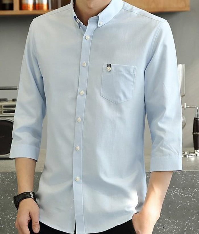 Men's Button-Down Shirt with Three-Quarter Sleeves: light blue, white button-up shirt, minimal casual style
