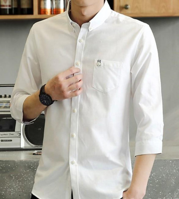 Men's Button-Down Shirt with Three-Quarter Sleeves: light blue, white button-up shirt, minimal casual style