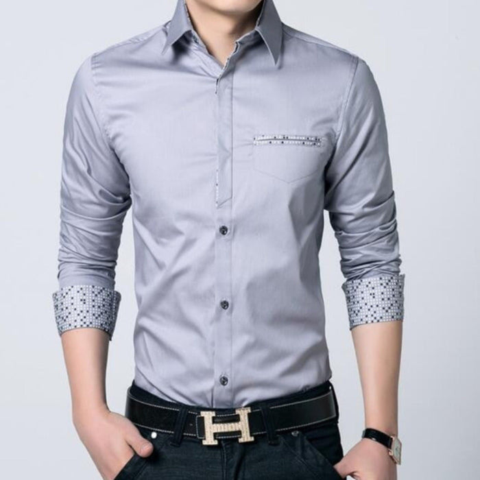 Men's Button-Up Shirt with Unique Pocket and Sleeve Accents: light gray, dark gray button-up dress shirt, smart casual style