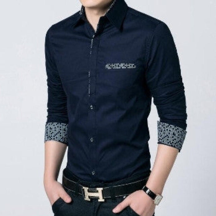 Men's Button-Up Shirt with Unique Pocket and Sleeve Accents: light gray, dark gray button-up dress shirt, smart casual style