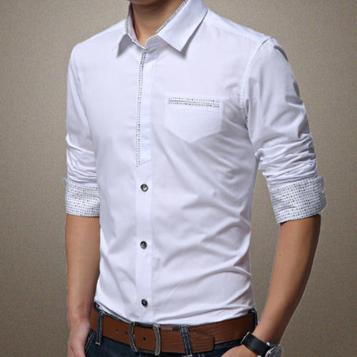 Men's Button-Up Shirt with Unique Pocket and Sleeve Accents: light gray, dark gray button-up dress shirt, smart casual style