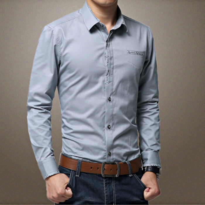 Men's Button-Up Shirt with Unique Pocket and Sleeve Accents: light gray, dark gray button-up dress shirt, smart casual style