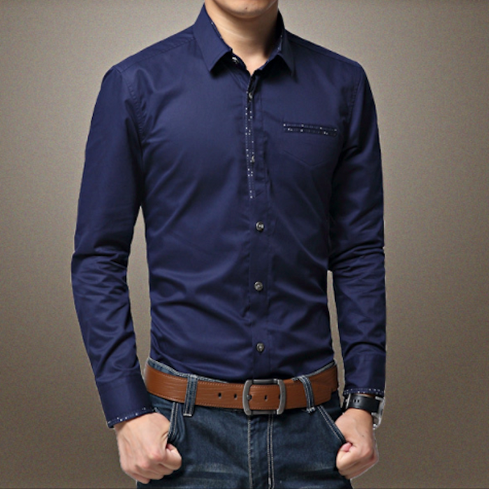 Men's Button-Up Shirt with Unique Pocket and Sleeve Accents: light gray, dark gray button-up dress shirt, smart casual style