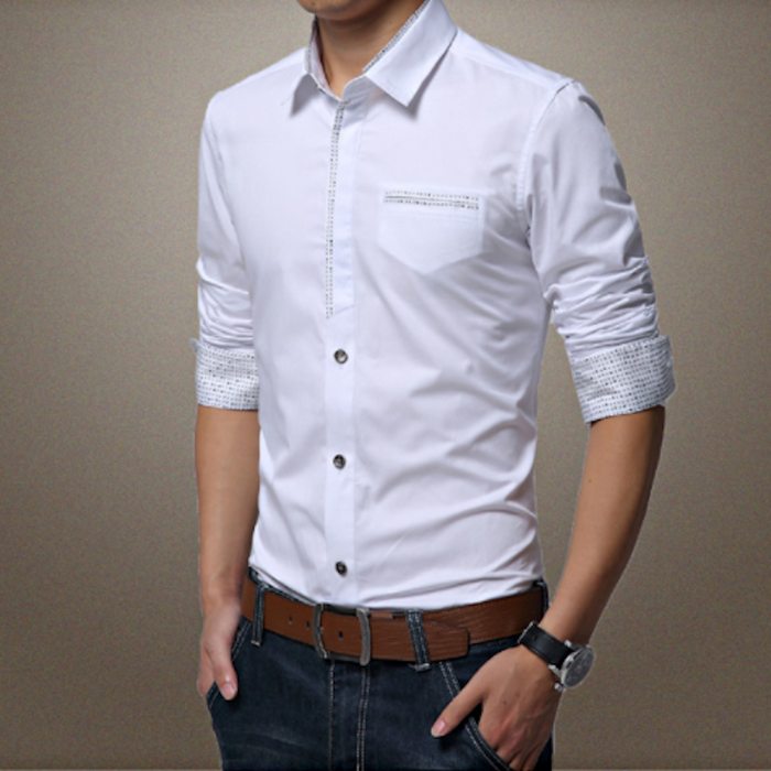 Men's Button-Up Shirt with Unique Pocket and Sleeve Accents: light gray, dark gray button-up dress shirt, smart casual style