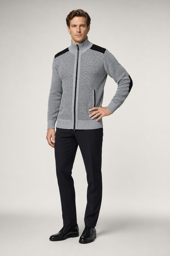 Men's Cardigan with Elbow Patch and Zipper Closure Default