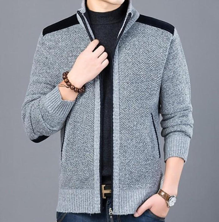 Men's Cardigan with Elbow Patch and Zipper Closure: gray, black zip-up jacket/cardigan, casual minimal style