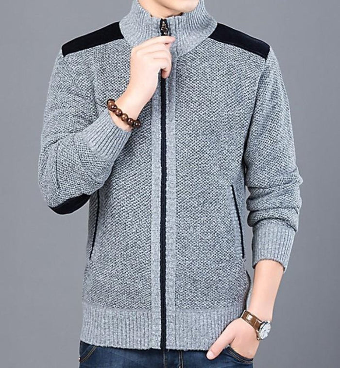 Men's Cardigan with Elbow Patch and Zipper Closure: gray, black zip-up jacket/cardigan, casual minimal style