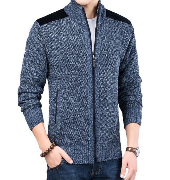Men's Cardigan with Elbow Patch and Zipper Closure: gray, black zip-up jacket/cardigan, casual minimal style