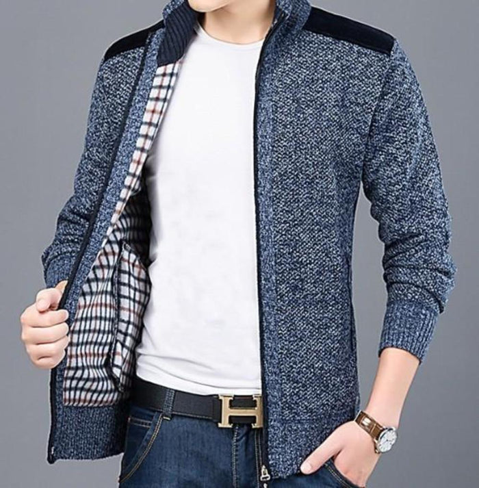 Men's Cardigan with Elbow Patch and Zipper Closure: gray, black zip-up jacket/cardigan, casual minimal style