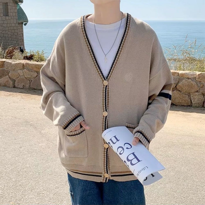Men's Cardigan with Front Pockets, V Neck Design: beige, cream cardigan sweater, casual minimal style