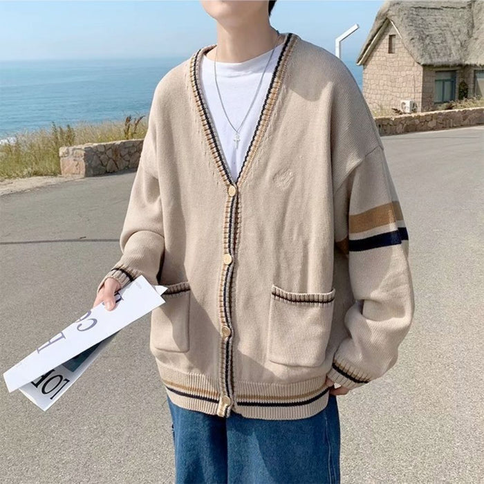 Men's Cardigan with Front Pockets, V Neck Design: beige, cream cardigan sweater, casual minimal style