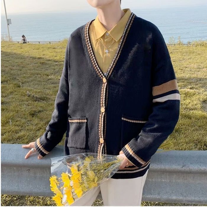 Men's Cardigan with Front Pockets, V Neck Design: beige, cream cardigan sweater, casual minimal style