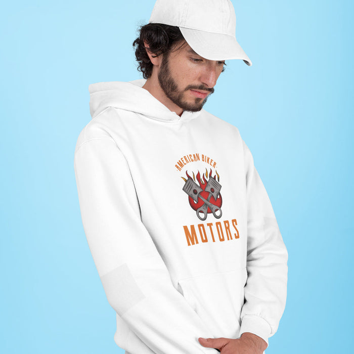 Men's Engine Hoodie Sweatshirt: white, red motorcycle engine graphic, casual graphic style