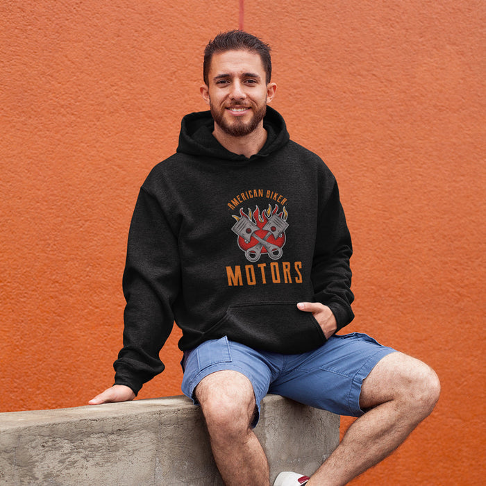 Men's Engine Hoodie Sweatshirt: white, red motorcycle engine graphic, casual graphic style