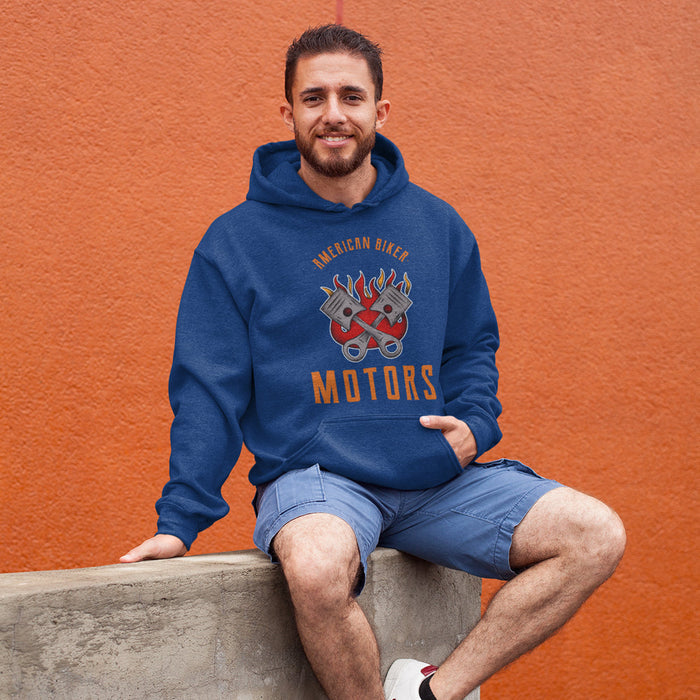 Men's Engine Hoodie Sweatshirt: white, red motorcycle engine graphic, casual graphic style