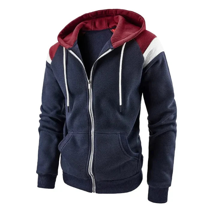 Men's Hoodie with Zipper Closure and Shoulder Accents: navy blue, burgundy red zip-up hooded sweatshirt, casual sporty color-