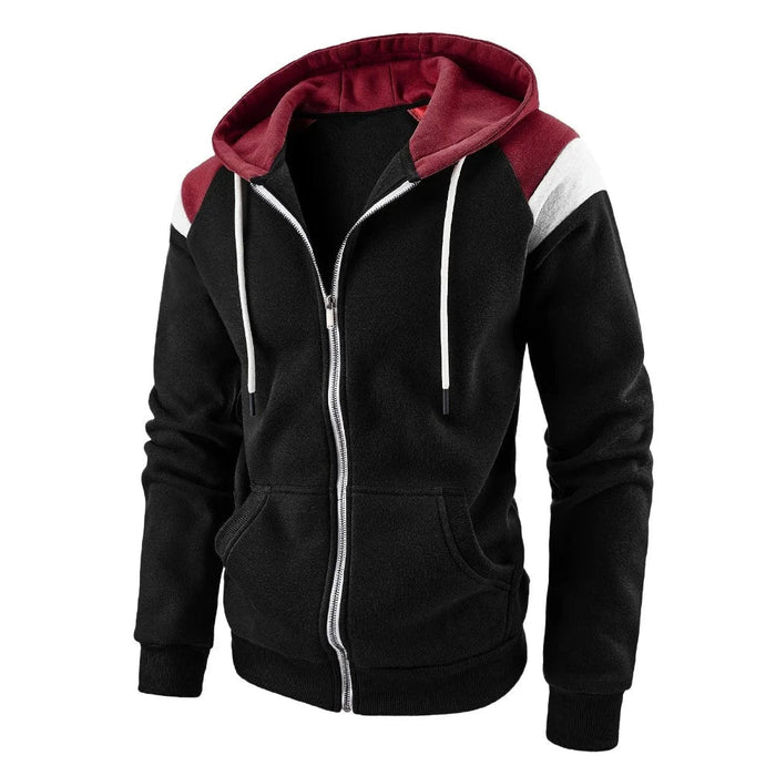 Men's Hoodie with Zipper Closure and Shoulder Accents: navy blue, burgundy red zip-up hooded sweatshirt, casual sporty color-