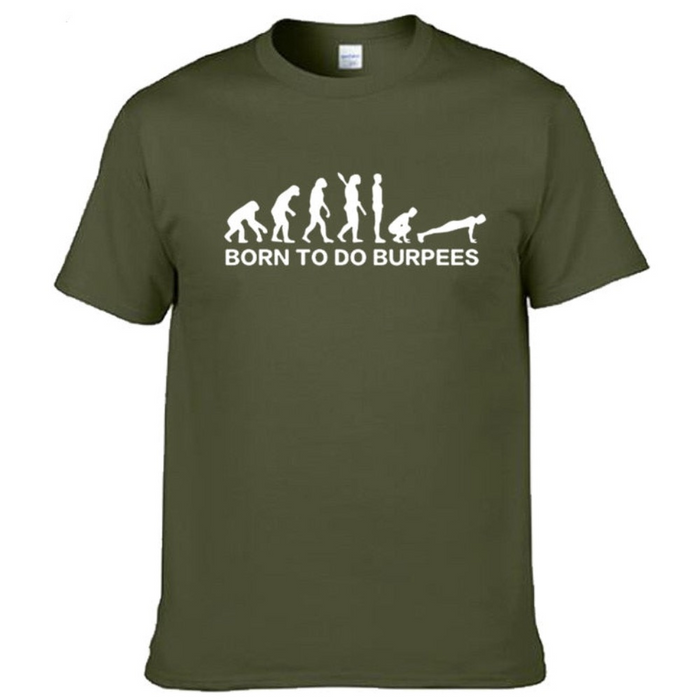 Men's Logo T-Shirt for Burpee Exercise: olive green, white human evolution-to-burpee exercise graphic, graphic fitness humor