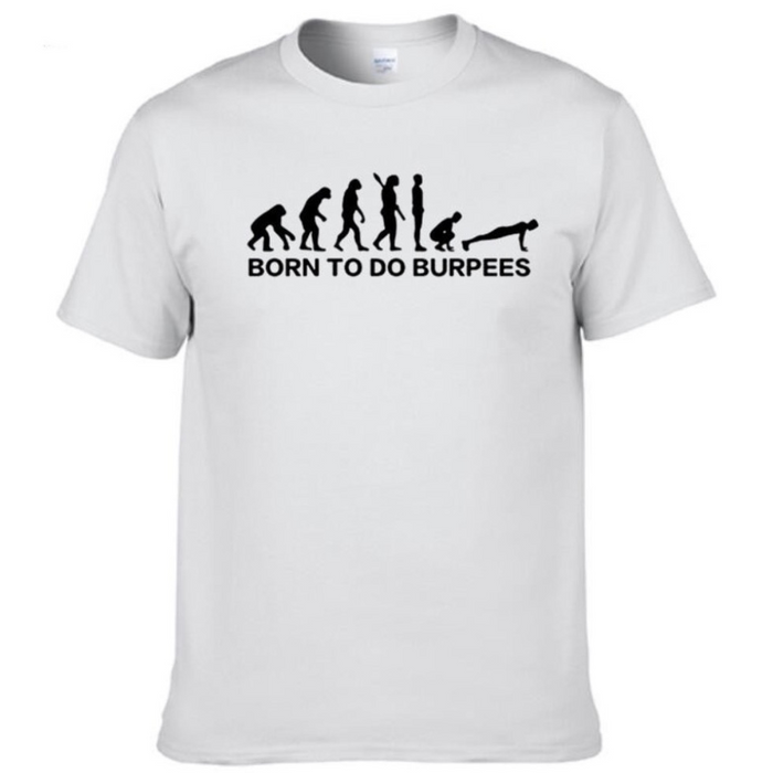 Men's Logo T-Shirt for Burpee Exercise: olive green, white human evolution-to-burpee exercise graphic, graphic fitness humor