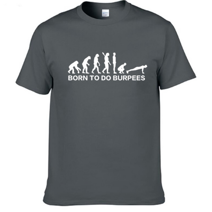 Men's Logo T-Shirt for Burpee Exercise: olive green, white human evolution-to-burpee exercise graphic, graphic fitness humor