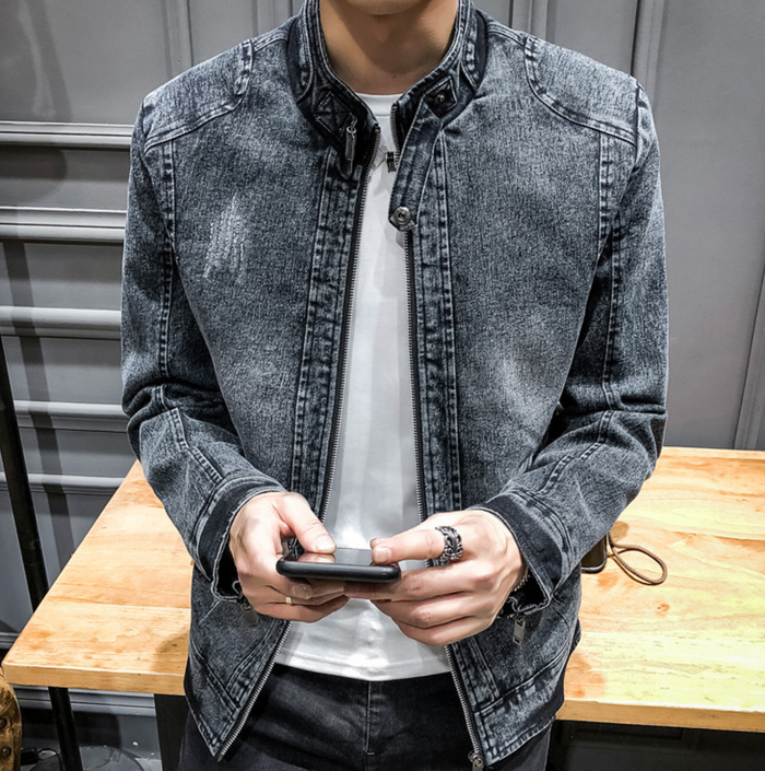 Men's Motorcycle Denim Jacket: dark gray, black jacket, casual biker-inspired style