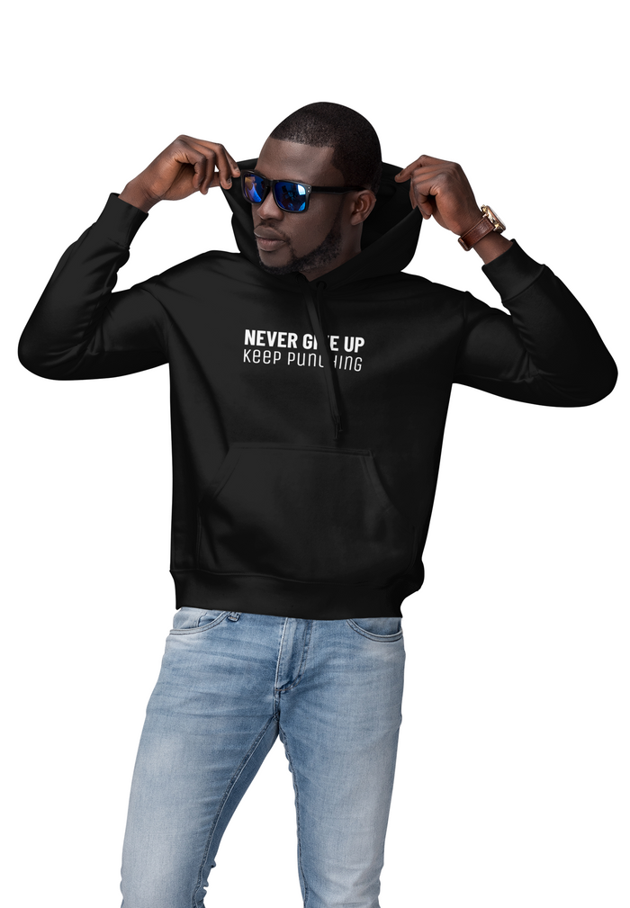 Men's Perseverance Pullover Hoodie: black, white hooded sweatshirt, minimal motivational graphic style