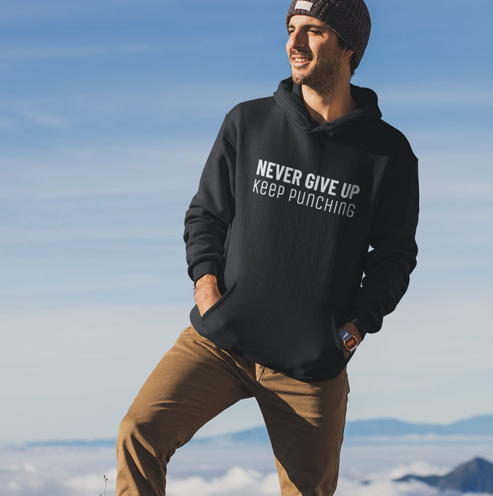 Men's Perseverance Pullover Hoodie: black, white hooded sweatshirt, minimal motivational graphic style
