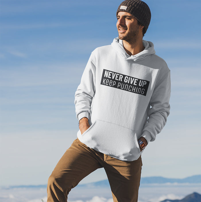Men's Perseverance Pullover Hoodie: black, white hooded sweatshirt, minimal motivational graphic style
