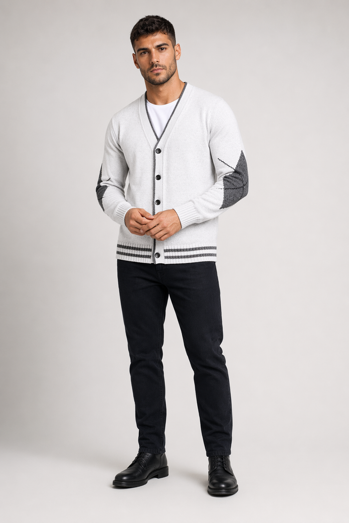 Men's Sweater with Crossed Elbow Patch and V-Neckline White