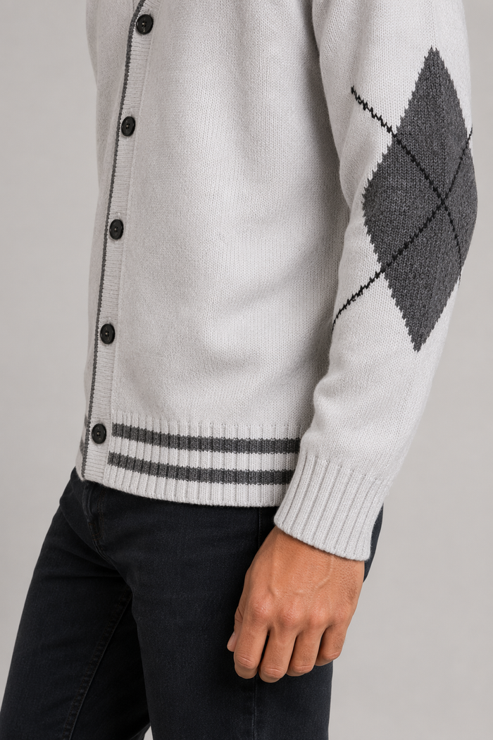 Men's Sweater with Crossed Elbow Patch and V-Neckline White