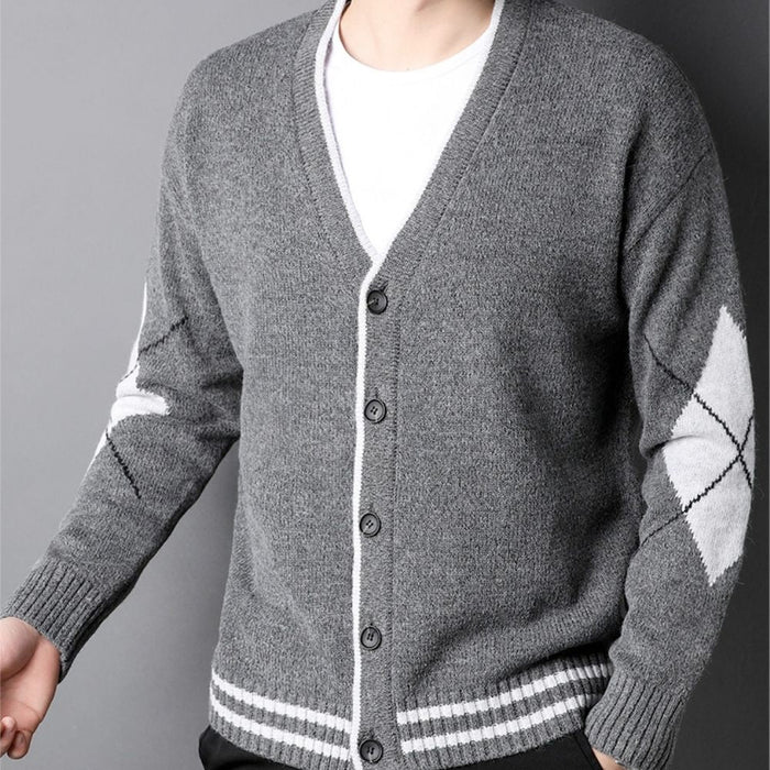 Men's Sweater with Crossed Elbow Patch and V-Neckline: gray, white button-front cardigan sweater, minimal casual knitwear sty