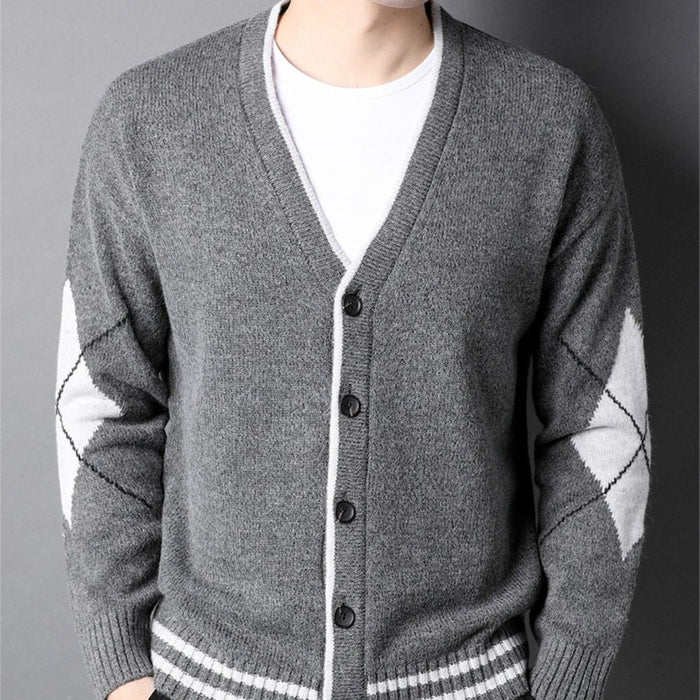 Men's Sweater with Crossed Elbow Patch and V-Neckline: gray, white button-front cardigan sweater, minimal casual knitwear sty