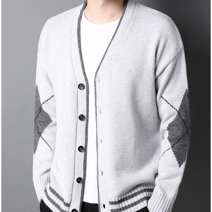 Men's Sweater with Crossed Elbow Patch and V-Neckline: gray, white button-front cardigan sweater, minimal casual knitwear sty