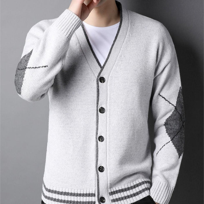 Men's Sweater with Crossed Elbow Patch and V-Neckline: gray, white button-front cardigan sweater, minimal casual knitwear sty