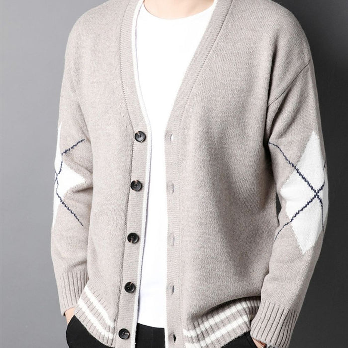 Men's Sweater with Crossed Elbow Patch and V-Neckline: gray, white button-front cardigan sweater, minimal casual knitwear sty