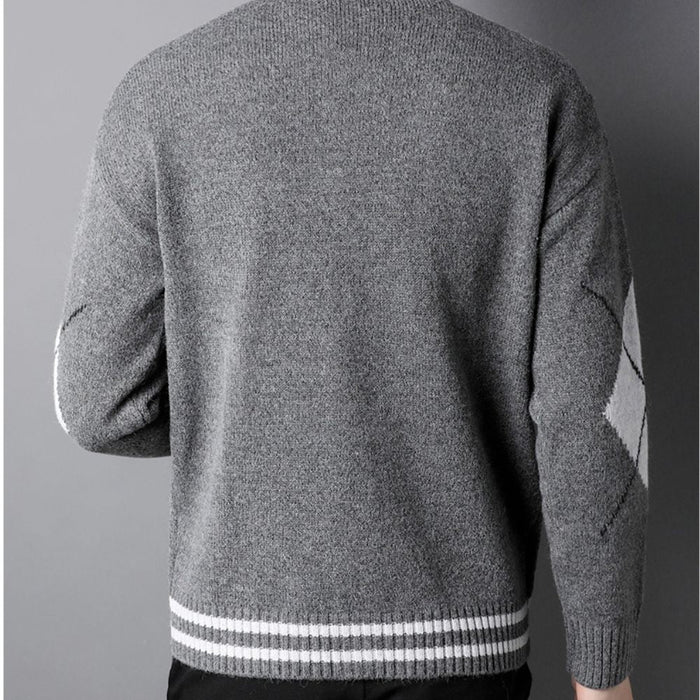Men's Sweater with Crossed Elbow Patch and V-Neckline: gray, white button-front cardigan sweater, minimal casual knitwear sty