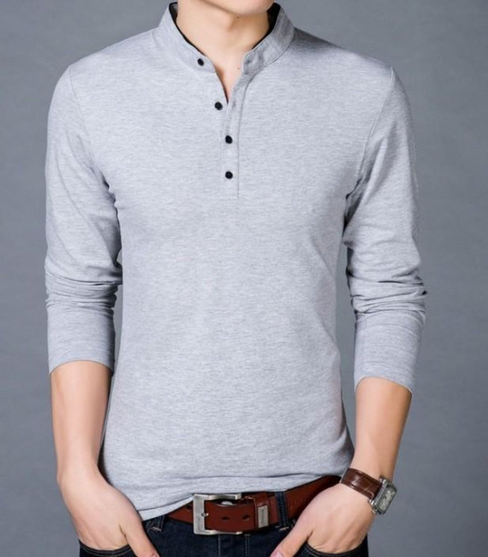 Men's Top with Standing Collar, Enhanced Clarity and Uniqueness: light gray, black long-sleeve henley shirt, minimal casual s