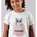 Meowsome T-Shirt for Little Girls: white, gray cat, cute cartoon style