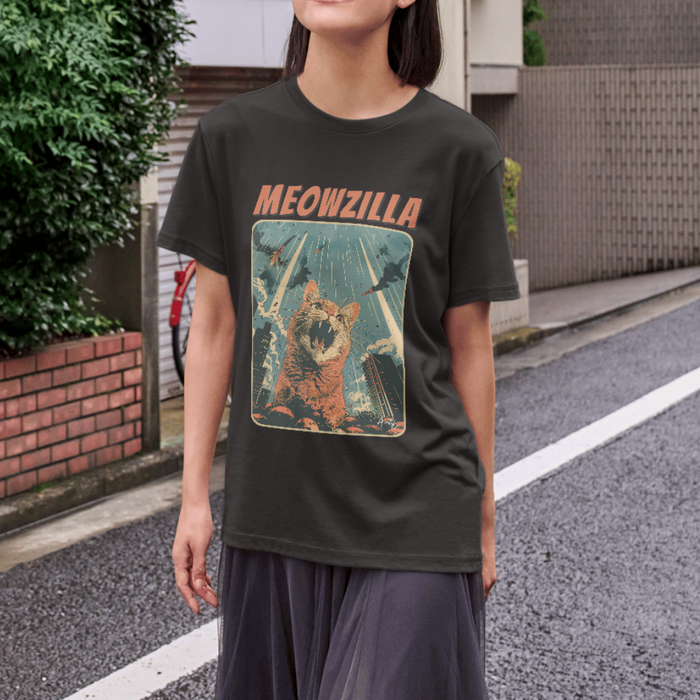 Meowzilla Retro Graphic Tee: dark charcoal gray, orange cat monster / "MEOWZILLA" theme, vintage-inspired graphic style