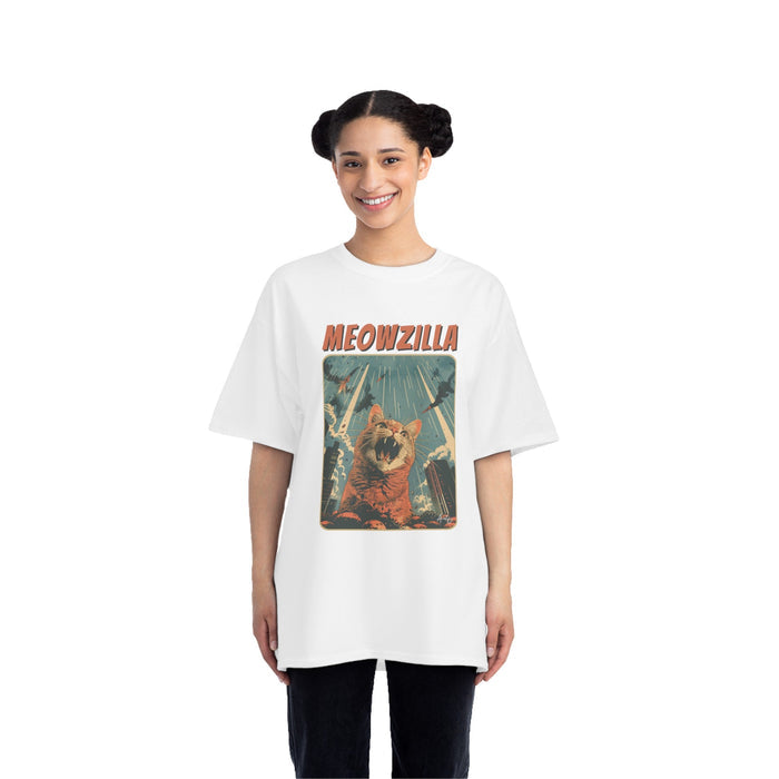 Meowzilla Retro Graphic Tee: dark charcoal gray, orange cat monster / "MEOWZILLA" theme, vintage-inspired graphic style