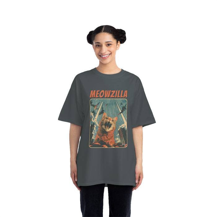 Meowzilla Retro Graphic Tee: dark charcoal gray, orange cat monster / "MEOWZILLA" theme, vintage-inspired graphic style